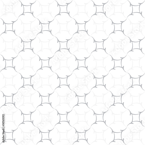 Regular trellis pattern of curved calligraphic strokes. Neutral white and grey ornamental background. Vector seamless repeat. 