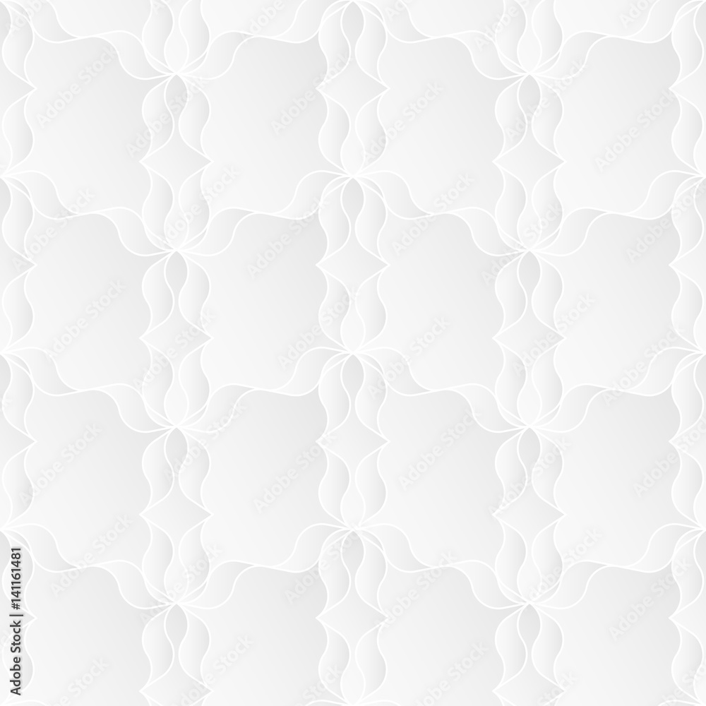 Neutral white texture. Abstract geometric background with 3d bas relief effect. Vector seamless repeating pattern of stylized floral elements.