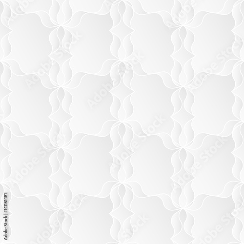 Neutral white texture. Abstract geometric background with 3d bas relief effect. Vector seamless repeating pattern of stylized floral elements.