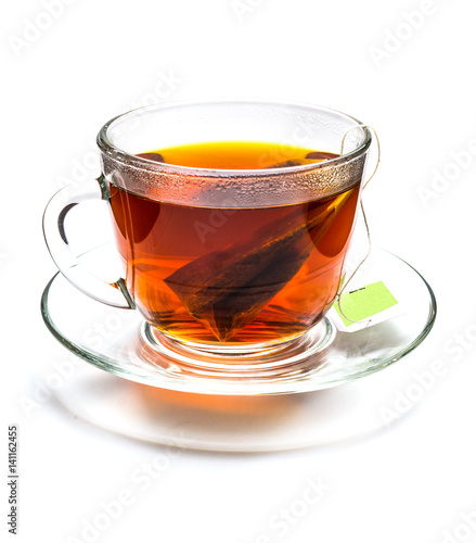 Cup of tea with tea bag isolated on white