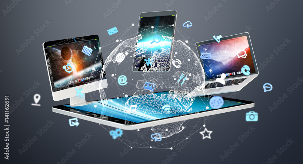 © sdecoret - Tech devices with icons and graphs flying 3D rendering