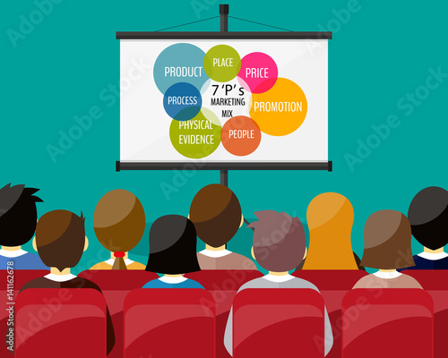 projector screen with marketing mix. Training staff, meeting, report, business school.