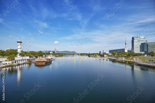 Photography Wide angle view of Danube River in Vienna, Austria