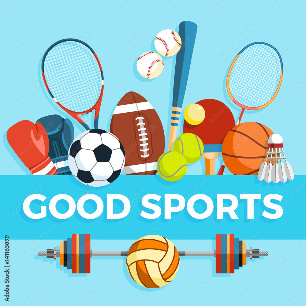 Set of sport balls and gaming items at a blue background. Healthy lifestyle tools, elements. Inscription GOOD SPORTS. Vector Illustration. - obrazy, fototapety, plakaty 