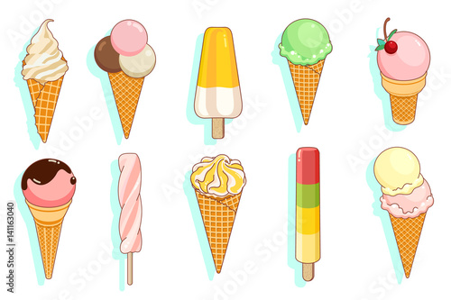 Set of colorful tasty isolated ice cream at a white background. Vector Illustration.