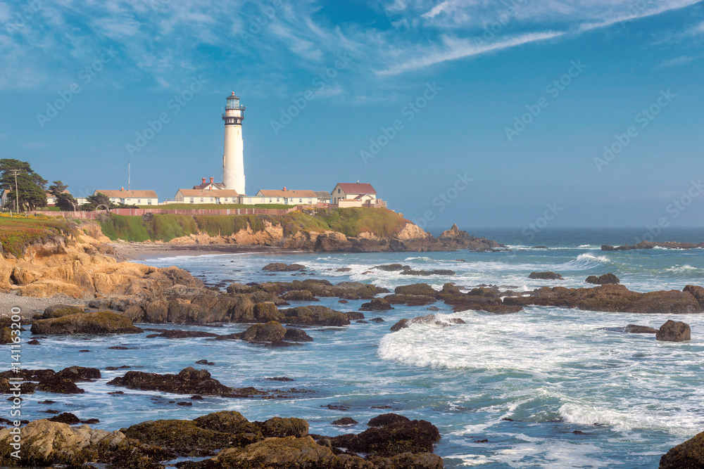 Pigeon Point Lighthouse on Pacific Coast of California. Seascape.