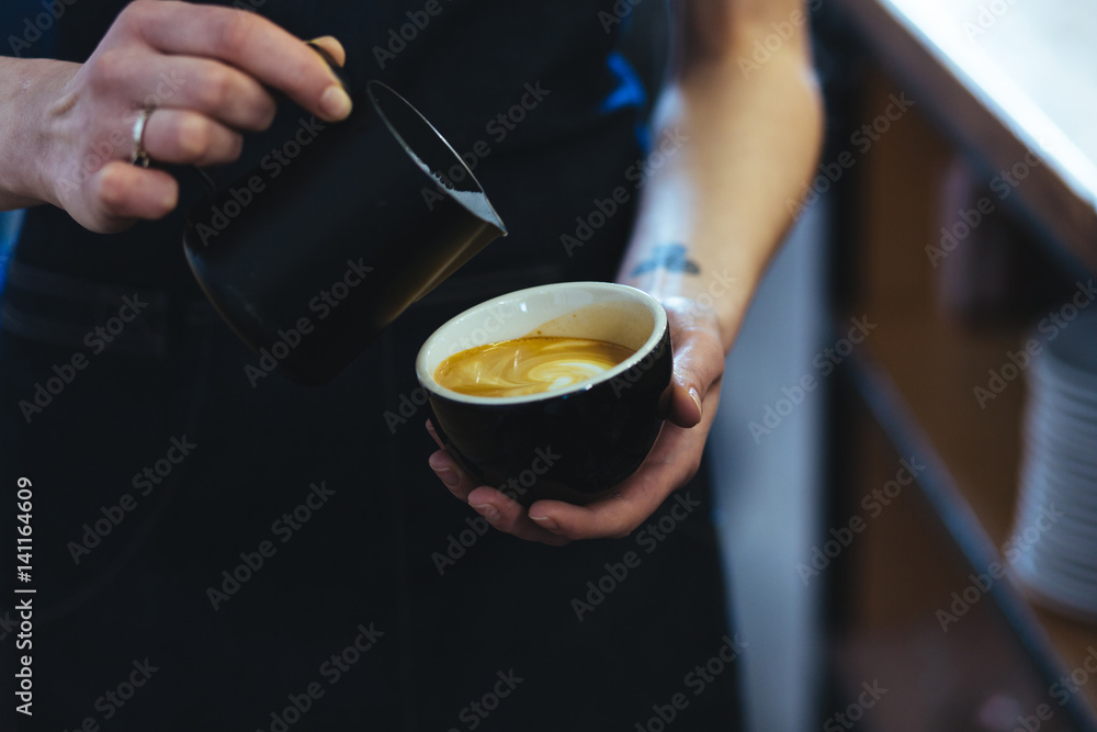 Barista making fresh coffee capuccino. Coffee Preparation Service Concept Barista making fresh coffee capuccino. Coffee Preparation Service Concept