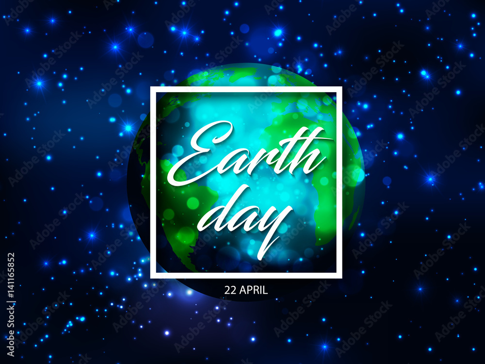 Vector world globe planet with Earth day text in white square frame with sparks light effect on blue starry sky or space background Vector world globe planet with Earth day text in white square frame with sparks light effect on blue starry sky or space background