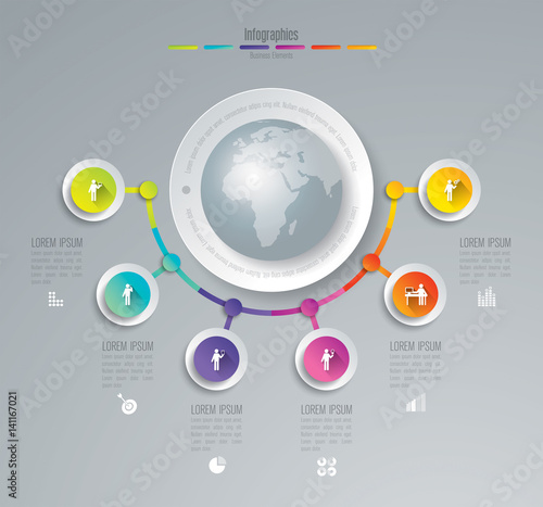 Timeline infographic design vector and business icons with 6 options.