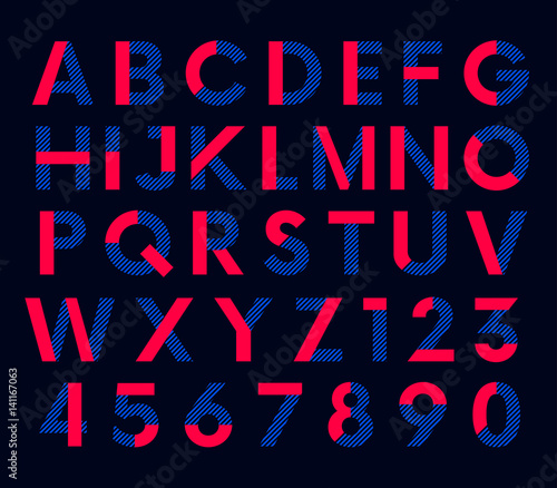 Geometric decorative colored font, vector alphabet