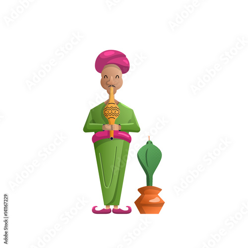 vector cartoon character of an Indian snake Charmer and the Cobra which is dancing to the music of a pipe, isolated on white background