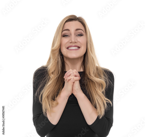 Girl pleading over white background.