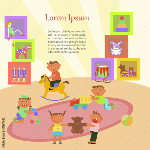 Happy childhood banner. Children playing in Kindergarten. Vector illustration eps 10