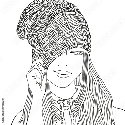Girl in a knitted cap on a white background.