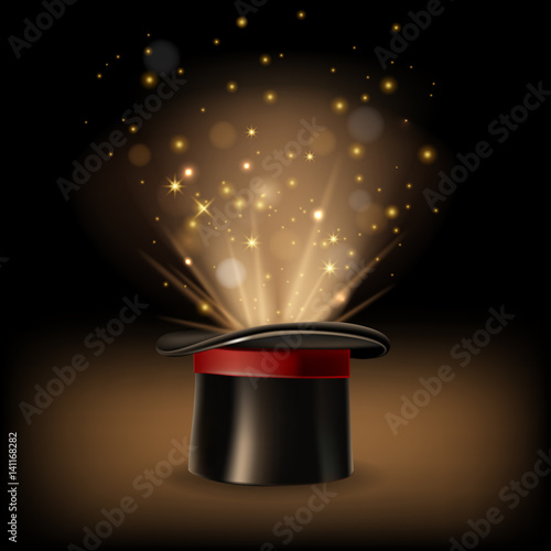 Magic hat with magic lights on dark brown background. Vector illustration.