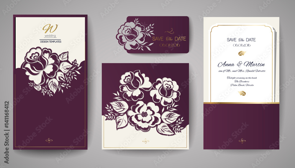 Set of Wedding Floral Invitation. Template for laser cutting. Vector illustration.