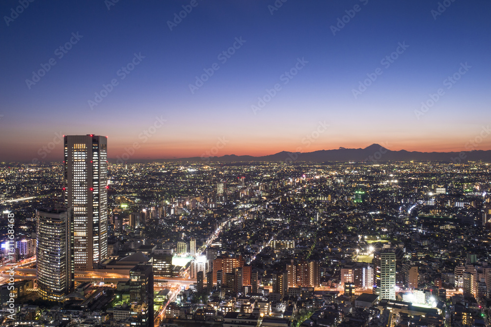 Tokyo city at twilight with Mt Fuji on the background