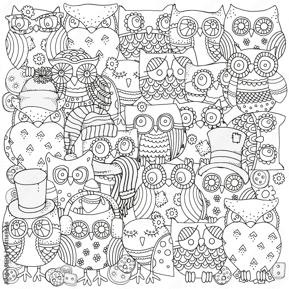 Pattern for coloring book. Owls.