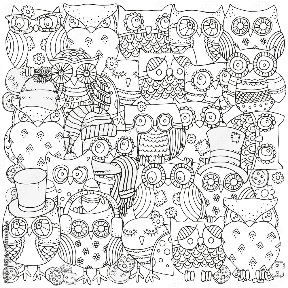 Fototapeta premium Pattern for coloring book. Owls.