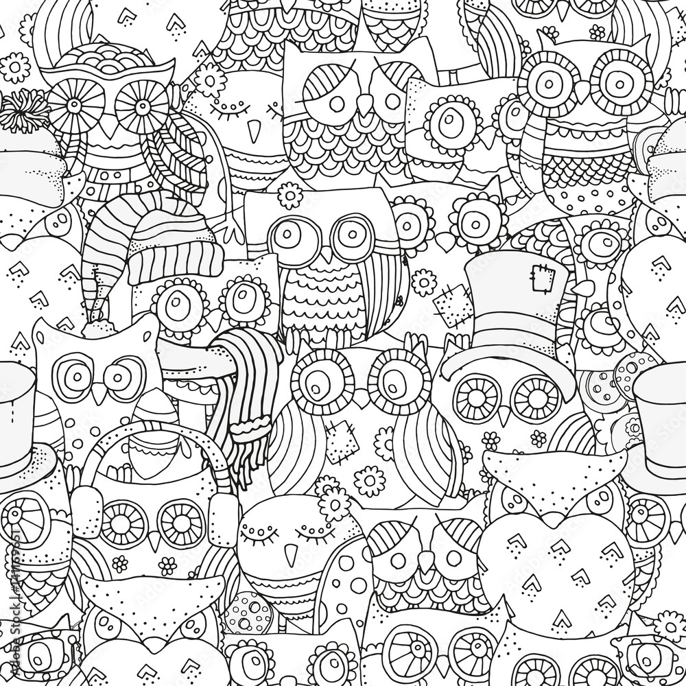 Naklejka premium Seamless pattern for coloring book. Owls.