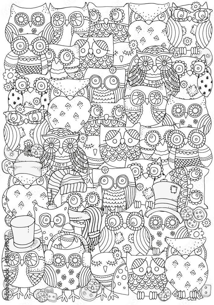 Fototapeta premium Pattern for coloring book. Owls. A4 size.