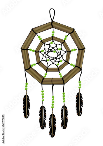 Realistic dream catcher with a wooden base and a decoration of black thread, green transparent beads and motley brown feather. Ethnic cult objects of American Indians and the shamans of Siberia.