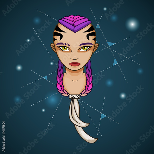 Illustration of cartoon girl with tattoo on head and colorful braided hair