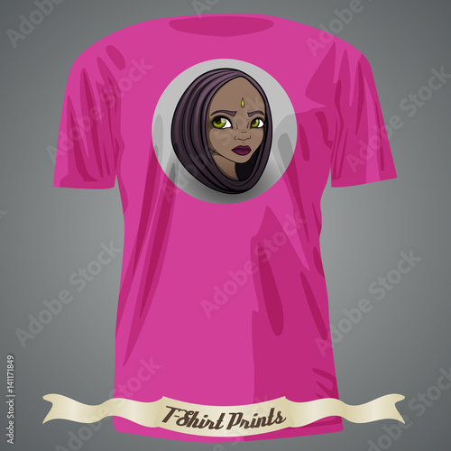 T-shirt design with Illustration of a cartoon girl’s head in cape with green eyes and drop on forehead