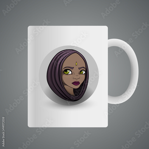 Cup design with Illustration of a cartoon girl’s head in cape with green eyes and drop on forehead