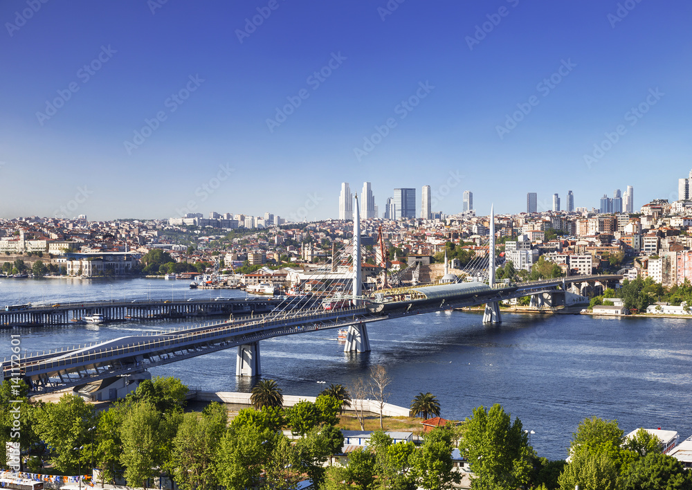 View from above on Golden Horn Bay and bridges, Istanbul. Turkey