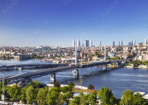 Fotografiet View from above on Golden Horn Bay and bridges, Istanbul. Turkey