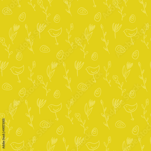 Easter seamless pattern. Sketch drawing festive eggs, spring twigs, flowers and birds. Vector texture on solid yellow background.