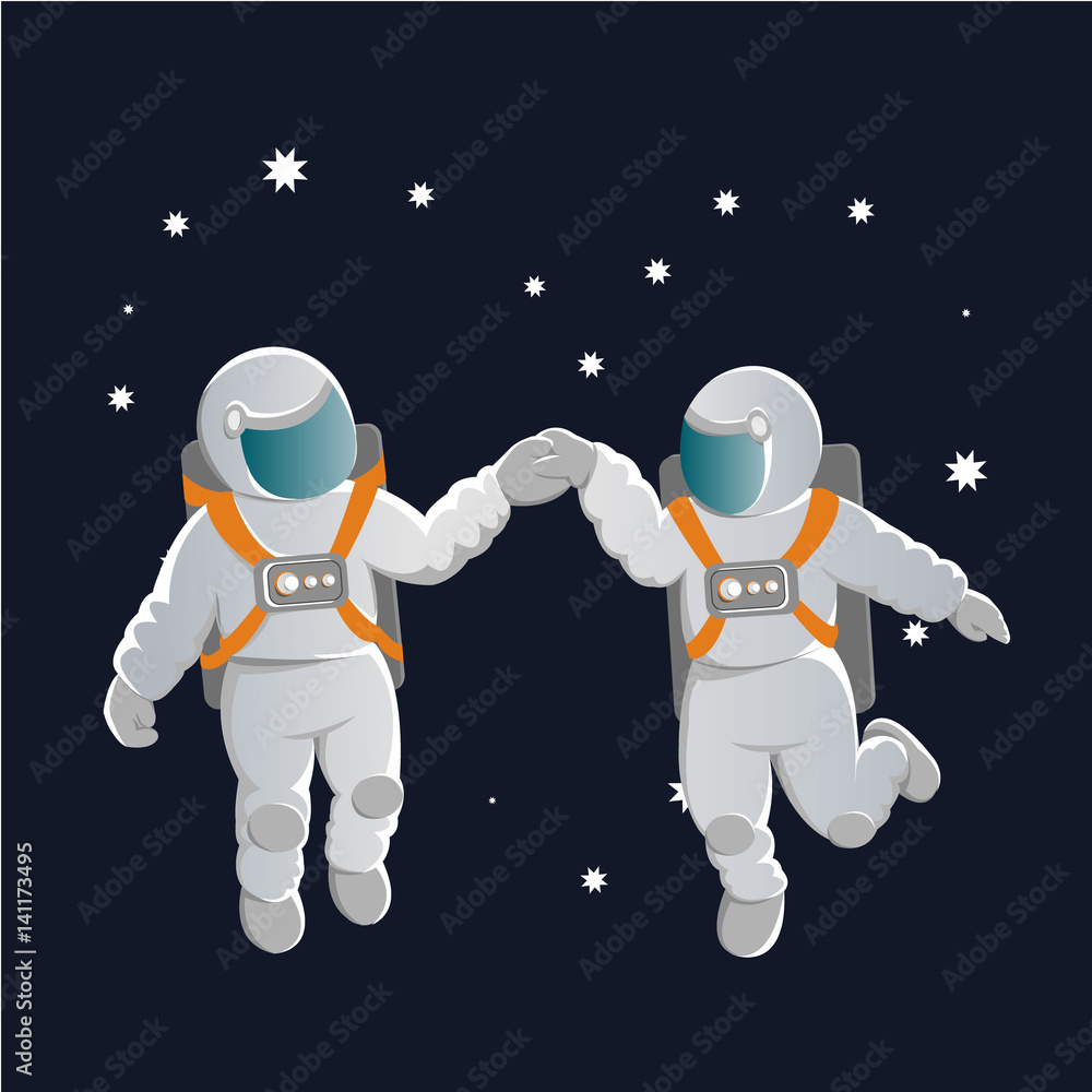 Two lovers cosmonauts in white suits dancing on the background of the constellations in the form of heart. In weightlessness. Vector illustration of Valentine's and Cosmonautics Day. Two lovers cosmonauts in white suits dancing on the background of the constellations in the form of heart. In weightlessness. Vector illustration of Valentine's and Cosmonautics Day.