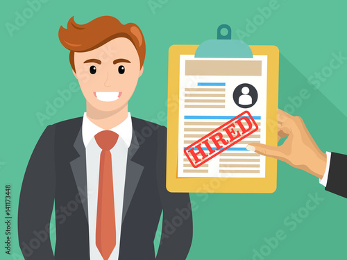 Boss hand hold accepted resume or hired paper document. Vector flat illustration