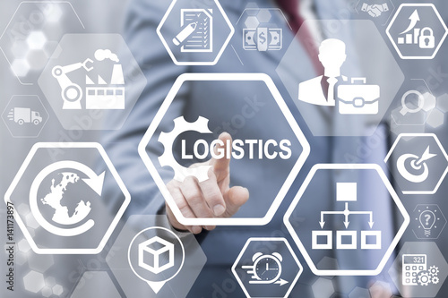 Logistics concept. Man touched gear logistics icon on virtual screen. Logistic global partner connection. Improvement freight and distribution in business and industry.