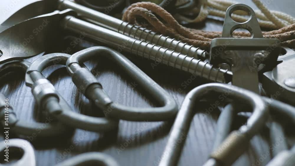 Equipment for climbers, ice hooks, carbines, descent systems. Equipment for climbers, ice hooks, carbines, descent systems.