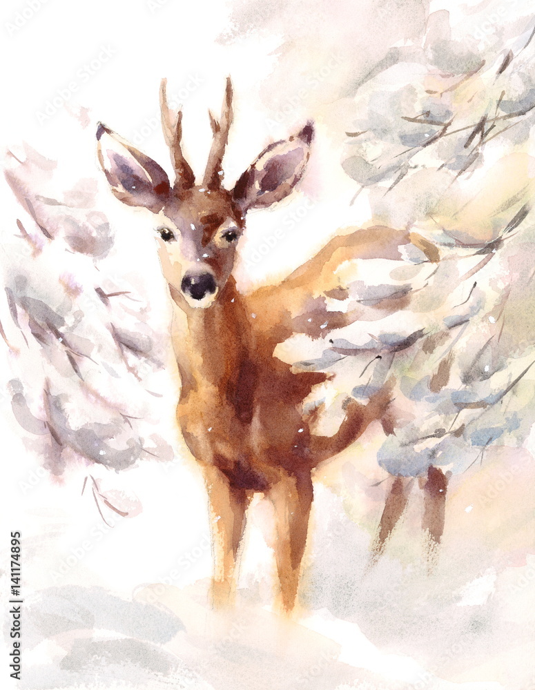 Fototapeta premium Watercolor Deer Hand Painted Winter Scene Illustration 