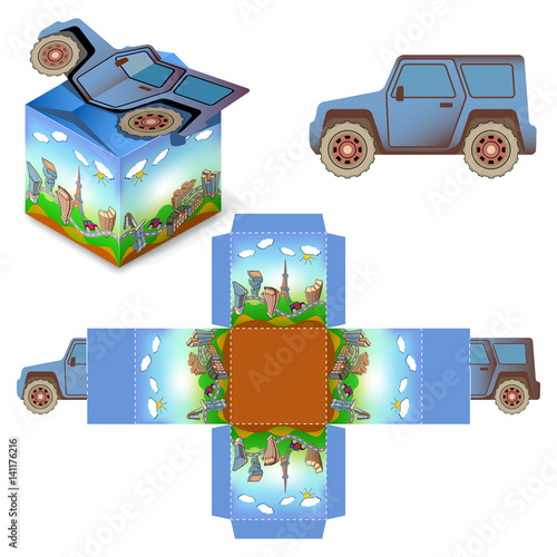 Gift Box Packaging Template. Box design, die-stamping, folding, ready no glue.
Jeep on the background of the mountains in the city. Joyful Happy Travel Trip 