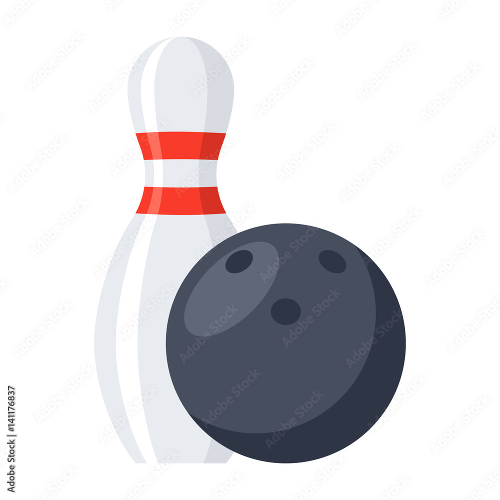 Bowling ball and bowling pin, vector illustration in flat style Stock