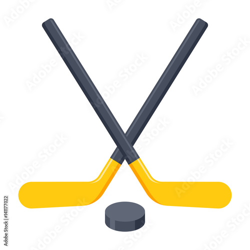 Crossed hockey sticks and puck, vector illustration in flat design