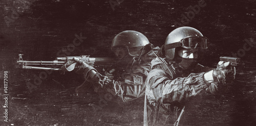 Members of the special forces division. Russian police special force - Special Rapid Response Unit or SOBR (Spetsnaz). Collage. Filtered photo.