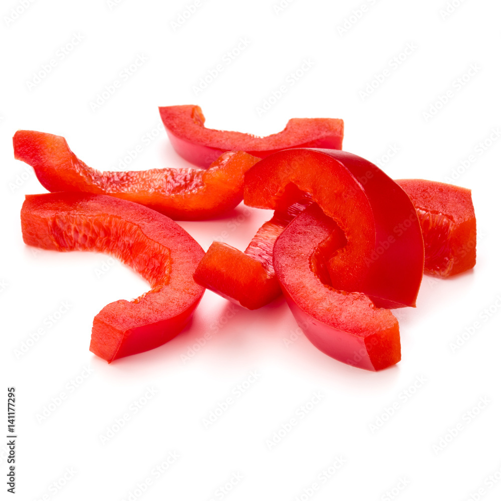 Red sweet bell pepper sliced strips isolated on white background cutout Red sweet bell pepper sliced strips isolated on white background cutout