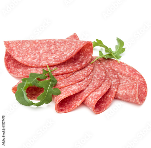 Salami smoked sausage slices isolated on white background