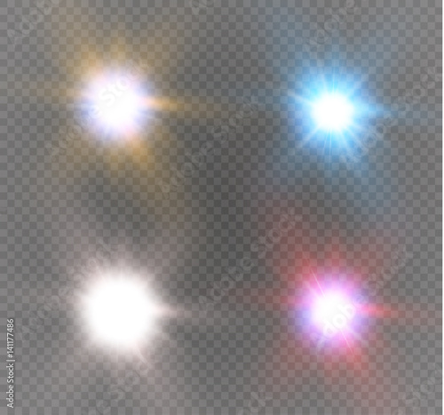 Stars of different colors,set light effects,vector illustration.Sun.Special effect isolated on a transparent background.