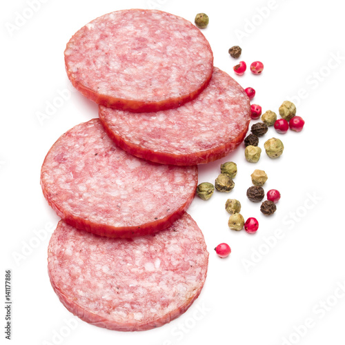 Salami smoked sausage slices and peppercorns isolated on white background cutout