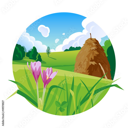 Summer landscape with a haystack on a hill vector illustration 