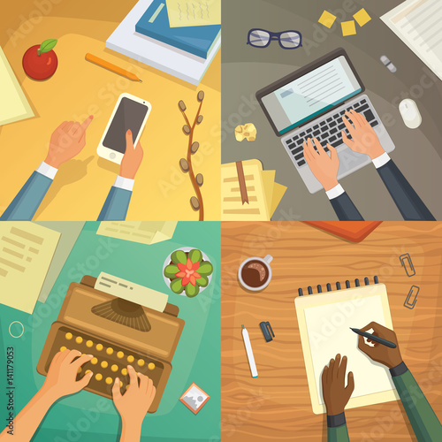 Flat design top view on desk concept Design, Writing on letter. Workplace with typewriter. Flat design. blogging illustration.