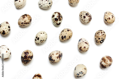 Background of quail eggs in a row on a white backdrop.