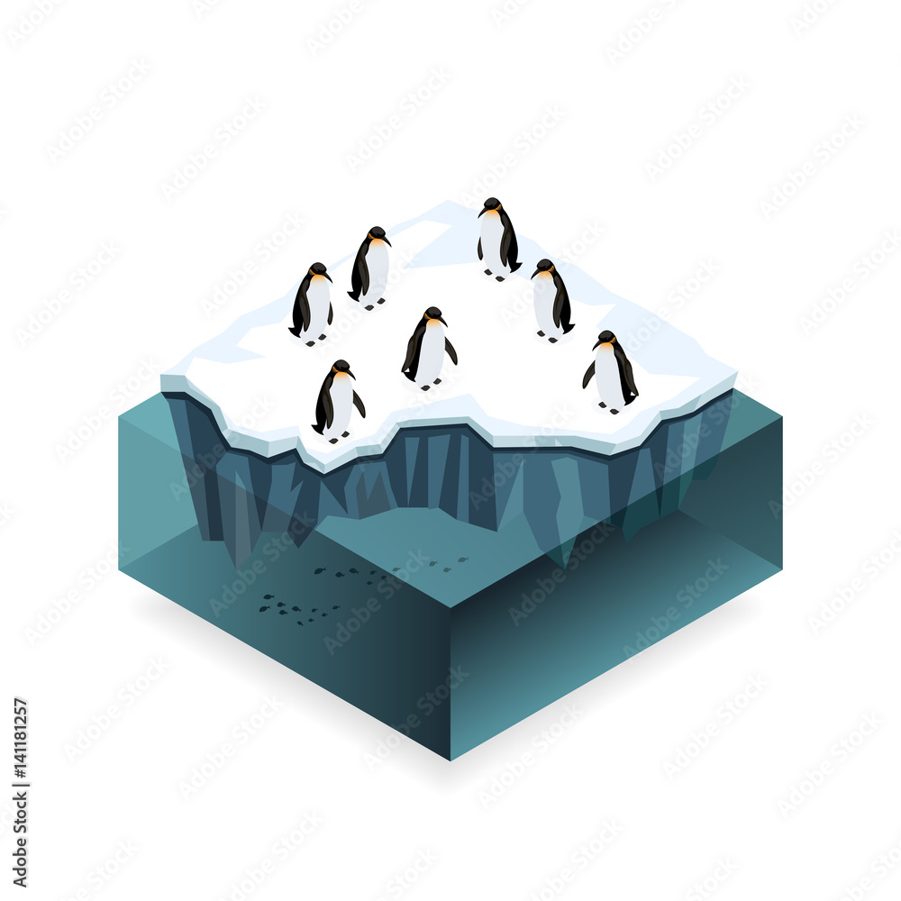 Fototapeta premium Penguins on ice in the open sea isometric concept.