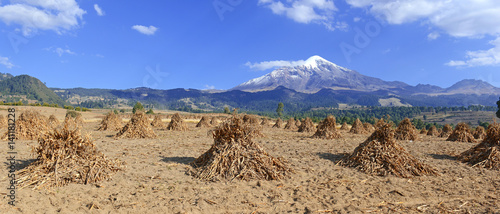 Panorama of Pico de Orizaba volcano, or Citlaltepetl, is the highest mountain in Mexico, maintains glaciers and is a popular peak to climb along with Iztaccihuatl and other volcanoes in the country